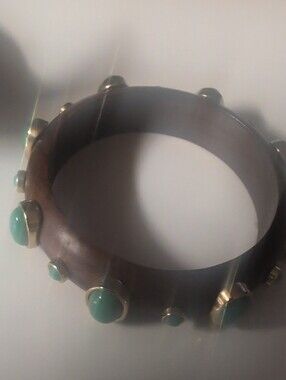 Anthropologie Wooden Bangle Bracelet with Faux Turquoise Cabochons